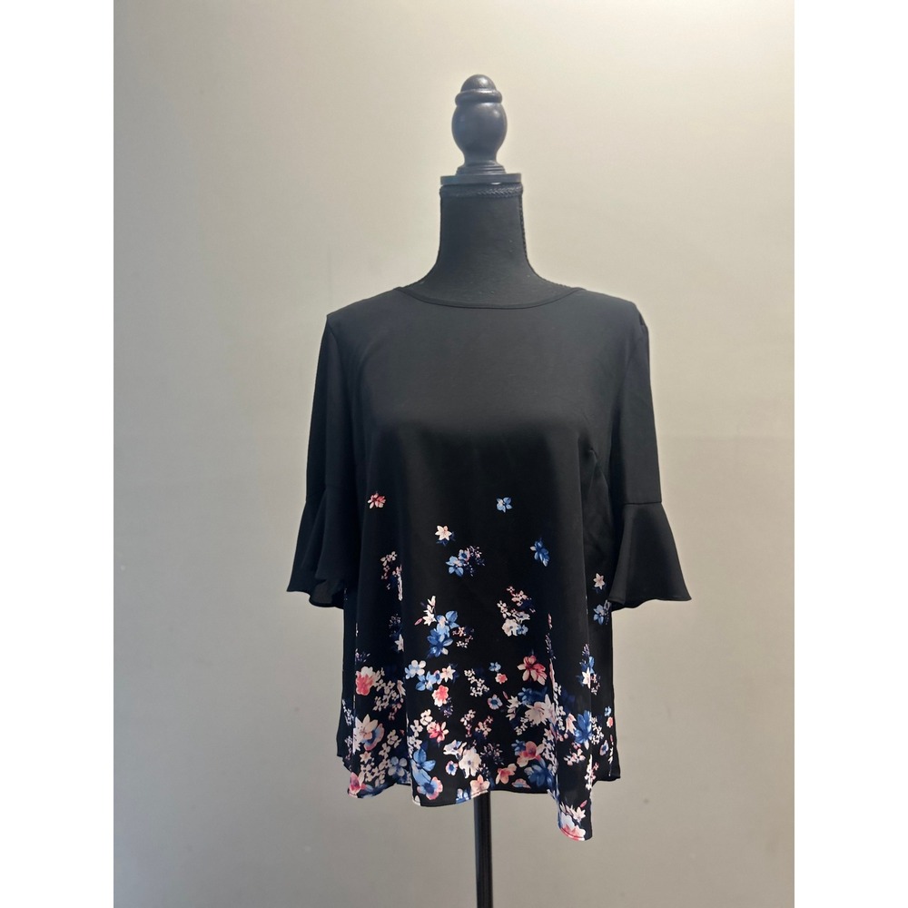 Elle Black Floral Bell Sleeve Top Blouse